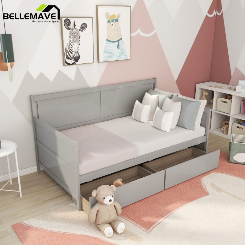 Bellemave Modern Twin Daybed with Storage Drawers Sturdy Wood Bed Frame Sofa Bed with Backrest and Armrest Storage Daybed Sofa Couch for Living Room or Bedroom, Gray - Image 2