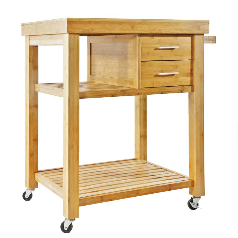 Home Aesthetics Rolling Bamboo Kitchen Island Cart Food Prep Trolley, with Towel - Image 5