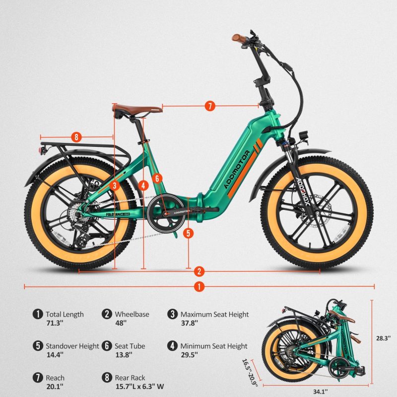 Addmotor Electric Bike for Adults, 750W Folding Electric Bike, 20'' Step-Thru Strong Frame Fat Tire M-160 Electric Bicycle 100 Mi Long Range Foldable Ebike W/Torque Sensor & Hydraulic Brakes,Sky Blue - Image 8