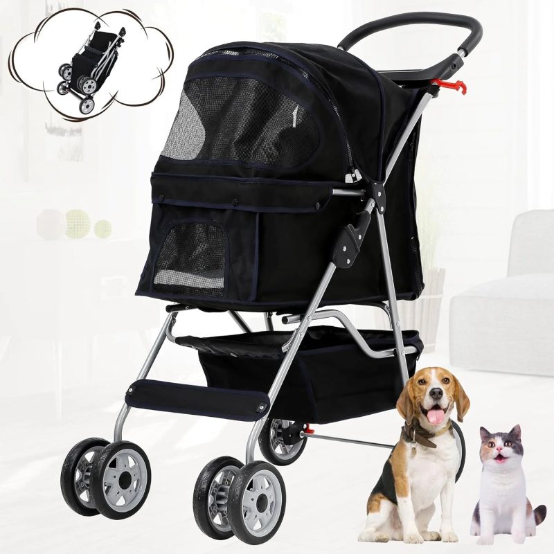 Dog Stroller Folding Pet Stroller 4 Wheels Cat Stroller Foldable Stroller Waterproof Travel Carrier Strolling Cart for Puppy Jogger Stroller W/Cup Holder & Storage Basket, Black