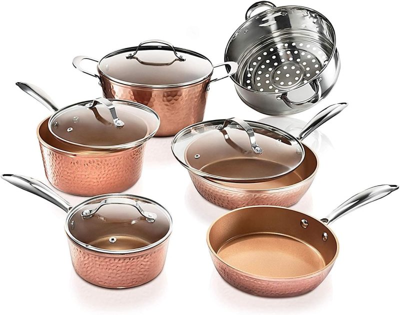 Gotham Steel 10 Pc Hammered Copper Pots and Pans Set Nonstick Cookware Set, Pot and Pan Set, Kitchen Cookware Sets, Non Toxic Cookware Set with Lids, Pot Set, Dishwasher / Oven Safe, 100% Toxin Free