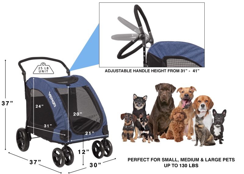 Vergo Dog Stroller Pet Jogger Wagon Foldable Cart with 4 Wheels, Adjustable Handle, Zipper Entry, Mesh Skylight Pet Stroller for Small to Large Dogs and Other Pet Travel (Blue) - Image 2