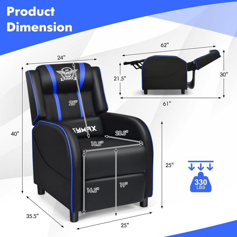 GYMAX Gaming Recliner, Massage Gaming Chair w/Adjustable Footrest, Remote Control & Side Pocket, Ergonomic Game Lounge Chair, Racing Style Single Theater Seat Game Sofa for Adults (Blue) - Image 3