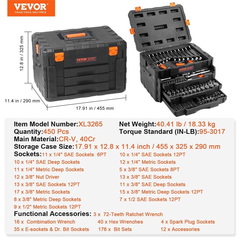 SKYSHALO Mechanic Tool Socket Set 1/2, 3/8 and 1/4 inch Drive SAE & Metric Size, 450 Piece with Tool Box Storage Case for for Home, Household, Garage, Bike, Car Trunk, Automotive, Mechanic Projects - Image 7