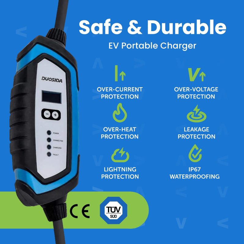 EV Charge+ Duosida Level 2 EV Charger – 32 Amp SAE J1772 Portable EV Charging Station – 20 Ft Cord with NEMA 14-50P – Charging Cable EVSE Travel Case - Image 6