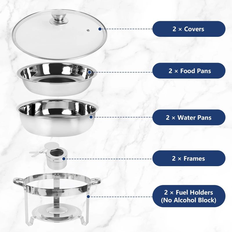 IMACONE 5QT Chafing Dish Buffet Set 2-Pack with Glass Lid, Stainless Steel Round Chafer Set for Catering - Image 8