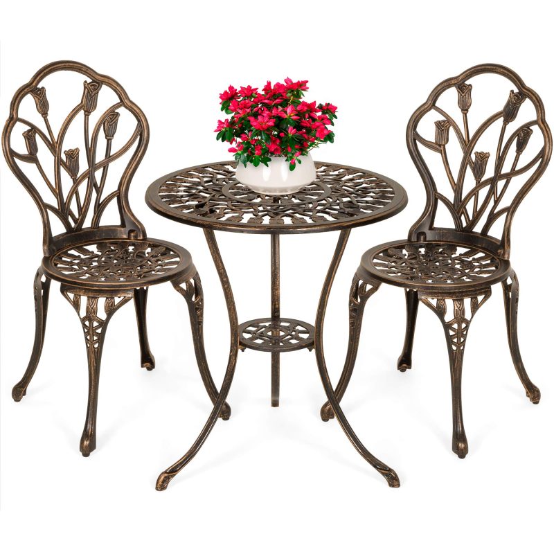 Best Choice Products 3-Piece Outdoor Rust-Resistant Cast Aluminum Patio Bistro Set w/Tulip Design, Antique Finish - Copper