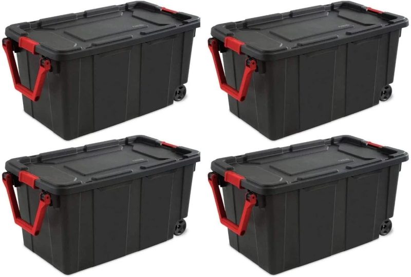 HUHAN 14699002 40 Gallon/151 Liter Wheeled Industrial Tote, Black Lid & Base w/Racer Red Handle & Latches, 4-Pack