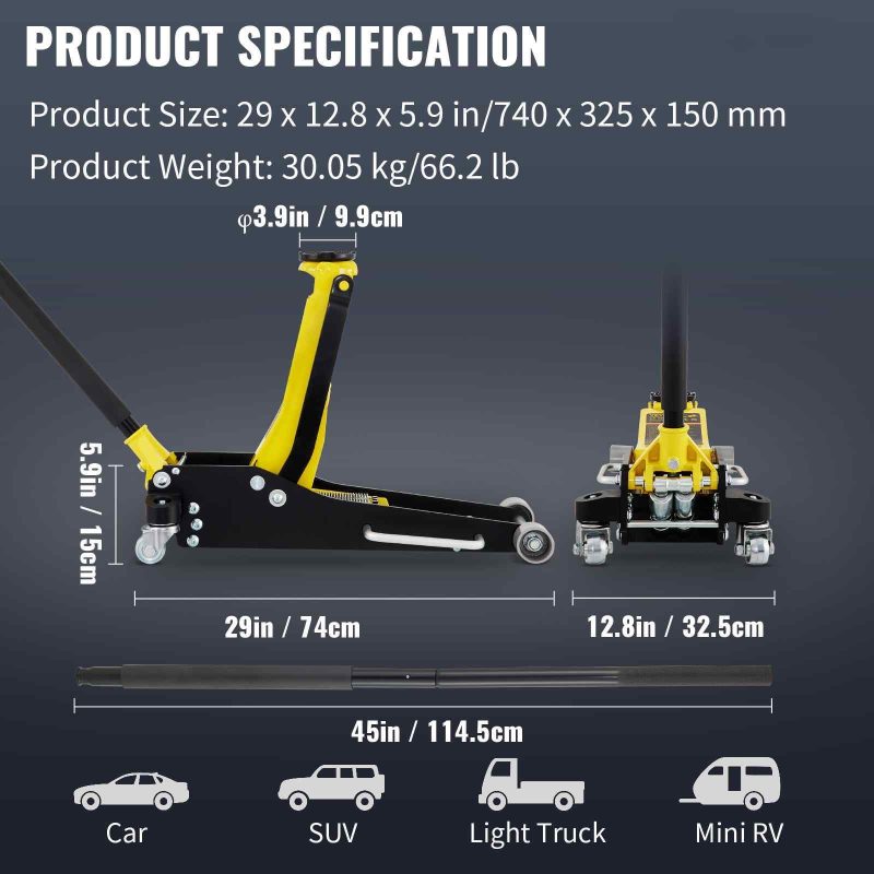 BENTISM Low Profile Floor Jack 3 Ton (6600 lbs), Aluminum and Steel Hydraulic Racing Floor Jack, Dual Piston Quick Lift Pump, 19-11/16"-3-6/11" Height Lifting Range, Yellow+Black - Image 7