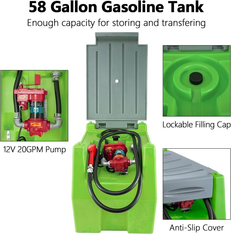 TECSPACE 58 Gallon Diesel Tank, Portable Fuel Tank with 12V Electric Fuel Transfer Pump, 40 GPM Diesel fuel Tank with 4 Meters Hose for Diesel Transportation (Green, 58 gal) - Image 3