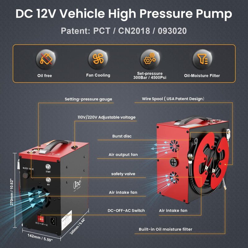 GX Pump CS3-I Portable PCP Air Compressor, Built-in Home Converter, Auto-Stop, 110V AC/12V DC - Image 5