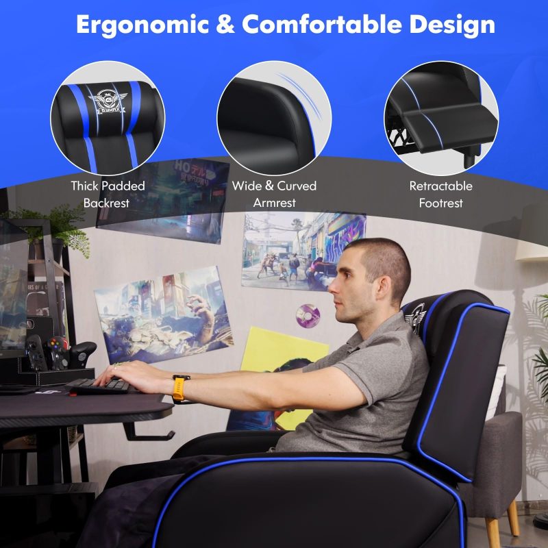 GYMAX Gaming Recliner, Massage Gaming Chair w/Adjustable Footrest, Remote Control & Side Pocket, Ergonomic Game Lounge Chair, Racing Style Single Theater Seat Game Sofa for Adults (Blue) - Image 6