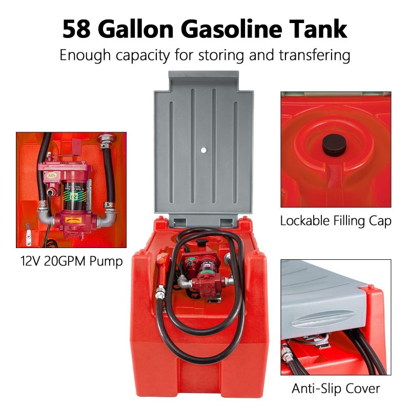 TECSPACE 58 Gallon Gasoline Tank, Portable Fuel Tank with 12V Electric Fuel Transfer Pump, 40 GPM Gasoline Fuel Tank with 4 Meters Hose for Gasoline & Diesel Transportation (Red, 58 gal) - Image 7