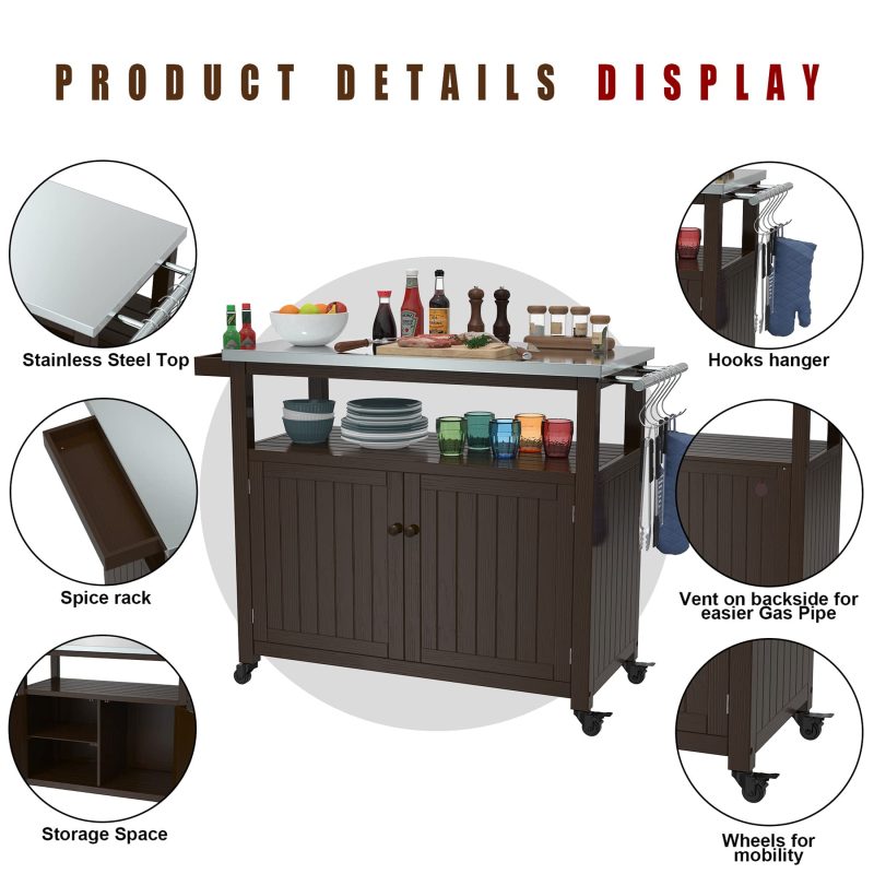 GDLF Outdoor Storage Cabinet Solid Wood Prep Grill Table with Stainless Steel Top Waterproof Cover Dark Brown - Image 8