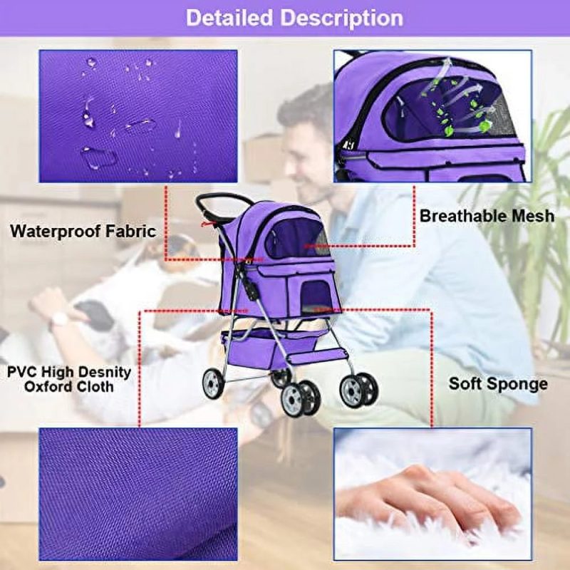 BestPet, Cat Carrier Stroller, 4 Wheels, Purple - Image 3