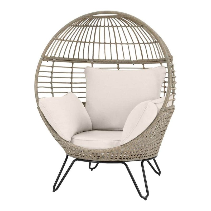 Hampton Bay Tan Stationary Wicker Round Outdoor Lounge Egg Chair with CushionGuard Almond Biscotti Cushions FRS51294M - Image 2