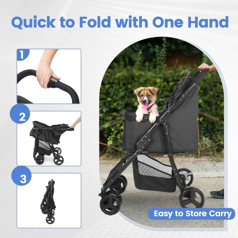 4 Wheel Dog Stroller, Wedyvko Foldable Pet Stroller with Storage Basket for Small Medium Dogs & Cats (Black) - Image 5