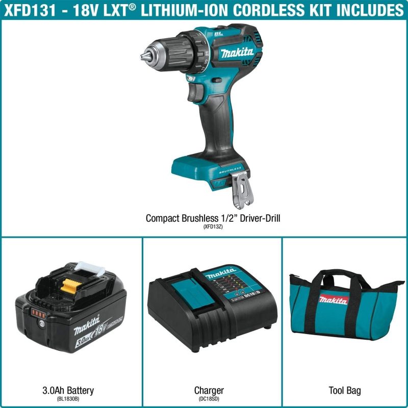 Makita XFD131 18V LXTu00ae Lithium-Ion Brushless Cordless 1/2" Driver-Drill Kit (3.0Ah) - Image 4