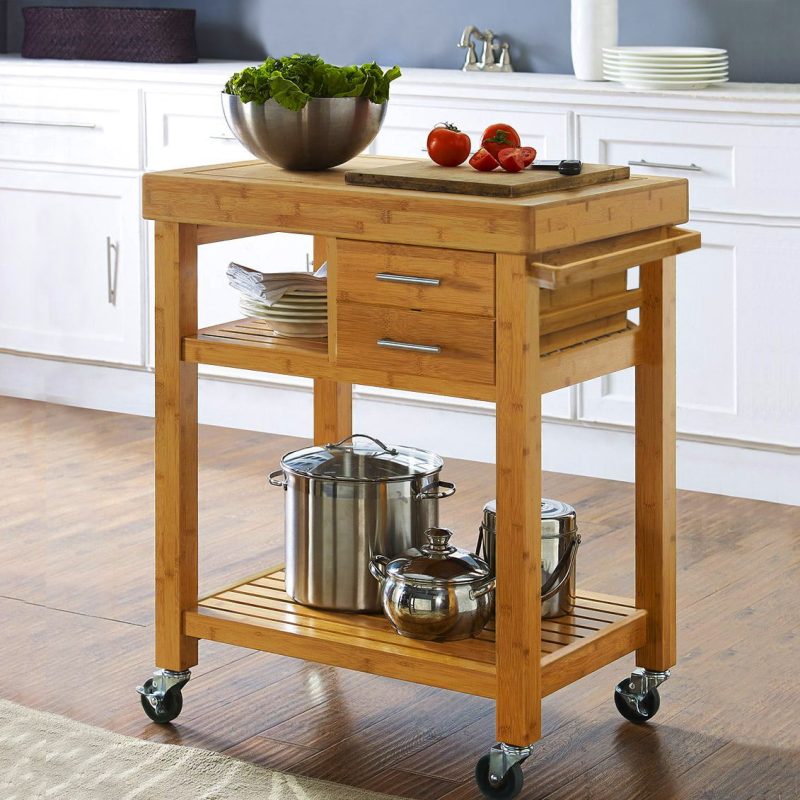 Home Aesthetics Rolling Bamboo Kitchen Island Cart Food Prep Trolley, with Towel