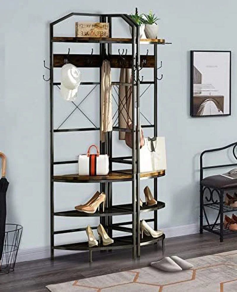 AYFDEGT 3-in-1 Entryway Coat Rack Industrial Hall Tree Corner Cloth Rack with Bench Hallway Coat and Shoe Rack for Corner Entryway Organizer with Metal Shoe for Hallway Corner Entran - Image 7