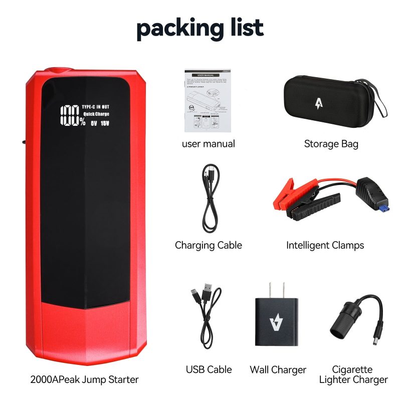 Audew (Andeman) Car Jump Starter, 2000A Peak 20000mAh Battery Jump Starter, Start Any Gas Engine or up to 8.5L Diesel Engine, 12V Car Jumper, Battery Booster Power Pack, Quick Charge 3.0 Ports, Red - Image 9