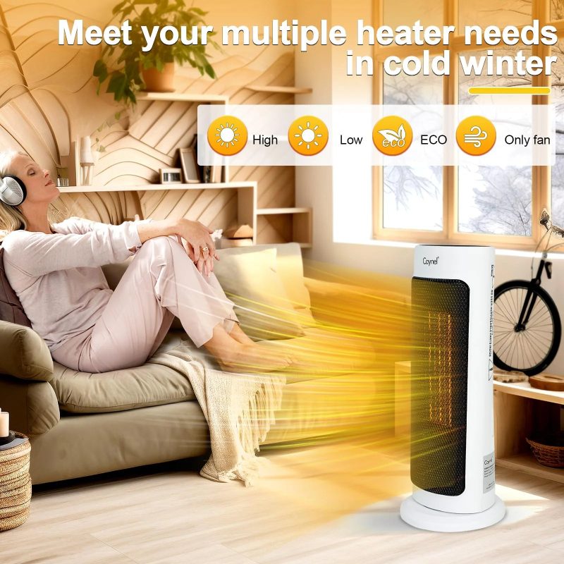 Caynel Oscillating Tower Ceramic Heaters for Home, Electric Space Heater with Thermostat 12-Hour Timer, 1500W, White - Image 3