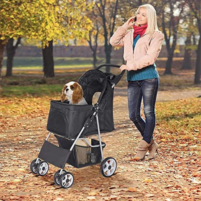 BBBuy 4 Wheels Foldable Pet Dog Cat Jogger Stroller Travel Carrier Strolling Cart w/Waterproof Cover Storage Basket Cup Holder & Removable Liner for Medium Small Cat Dog, Black - Image 6