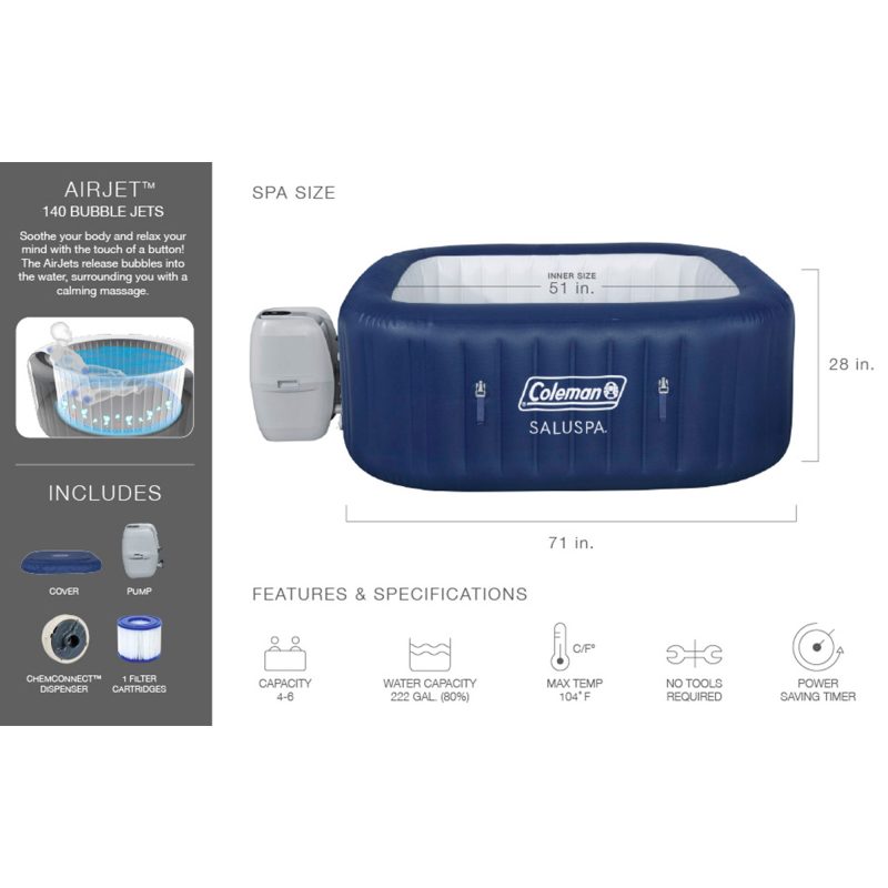 Coleman Atlantis SaluSpa 140 AirJet Square 4-6 Person Inflatable Hot Tub, Blue💝 Last Day For Clearance - Image 11