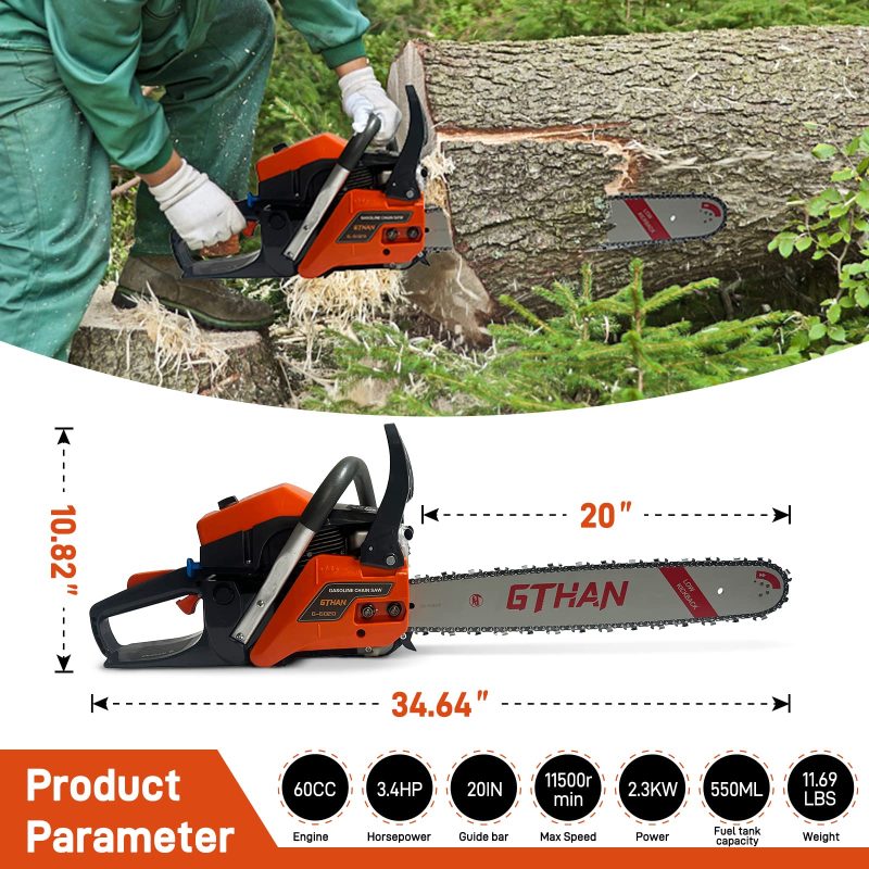 Gas Chainsaw 60cc 2-Cycle Gasoline Powered Chainsaws 20-Inch Professional Power Chain Saws For Forest Cutting Trees, Wood, Garden and Farm Use - Image 2