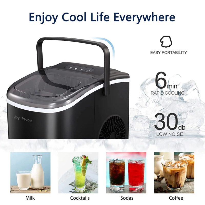 Joy Pebble Bullet Ice Maker Countertop with Handle,9 Bullet Ice Cubes Ready in 6 Mins,26Lbs/24H, Self-Cleaning Portable Ice Machine with Basket and Scoop, for Home/Kitchen/Camping/RV - Image 6