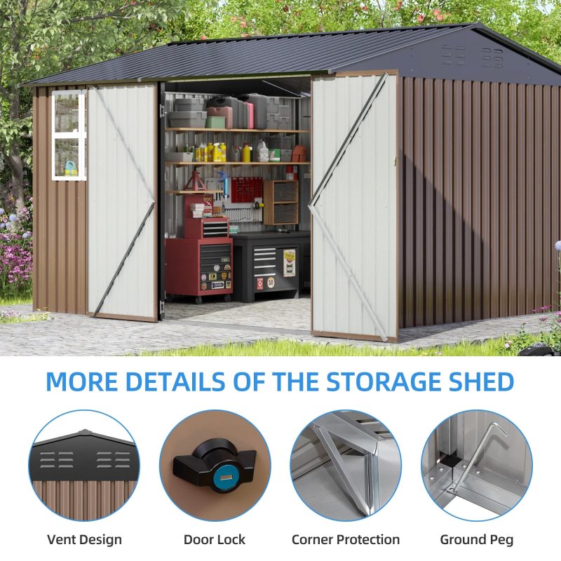 JAXPETY 10 x 10 ft Outdoor Metal Storage Shed with Window & Lockable Door for Garden, Backyard, Tool Storage Use, Brown - Image 8