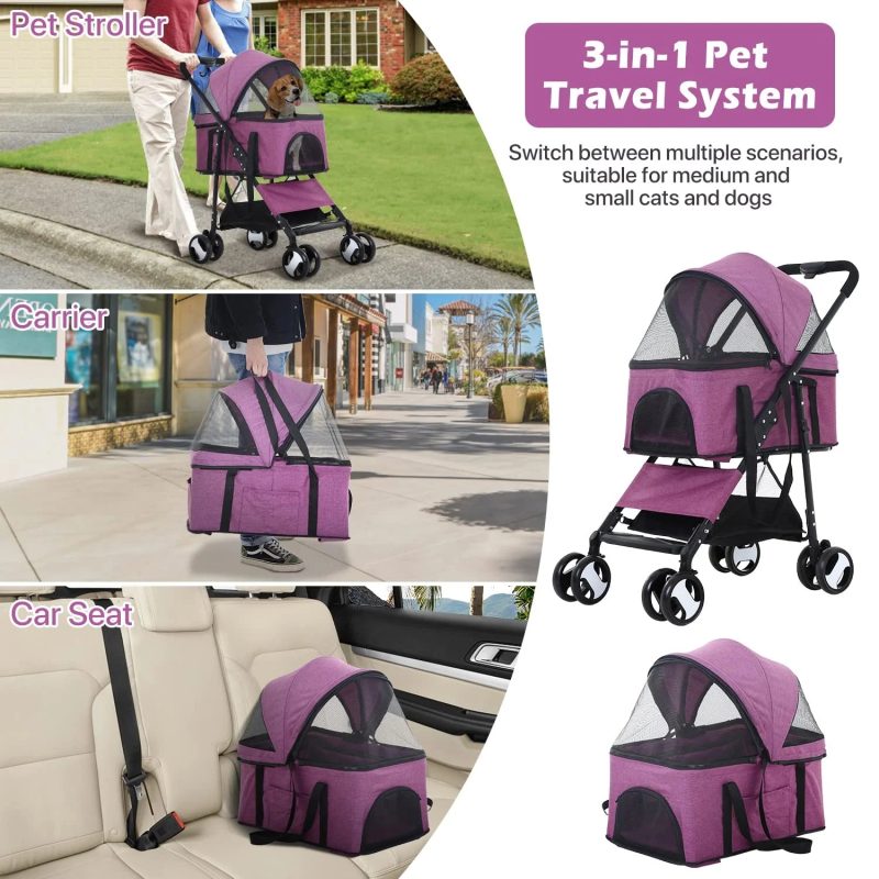 NiamVelo Pet Stroller 3-in-1 Detachable Dog Stroller with 4 Wheels Foldable Dog Travel Cart Cat Walker for Doggy Rabbit, Purple - Image 2