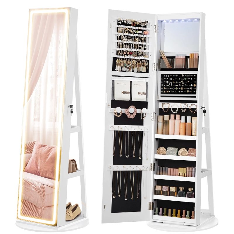 SONGMICS LED Mirror Jewelry Cabinet Standing Jewelry Armoire Organizer Box with Full-Length Mirror and Adjustable LED Lights White