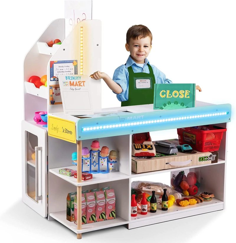 BRINJOY Grocery Store Pretend Play, Kids Play Store Wooden Market Stand with LED Lights&Acrylic Sheet, Supermarket Toy Includes Shopping Bag, Apron, Coupons, Cards for Children