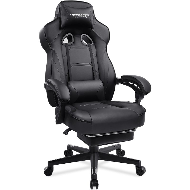 LUCKRACER Computer Gaming Chair with Footrest, Ergonomic Big and Tall Gamer Chair PU Leather Swivel Lumbar Support Racing Style E-Sports Game Chairs by GTRACING (Black)