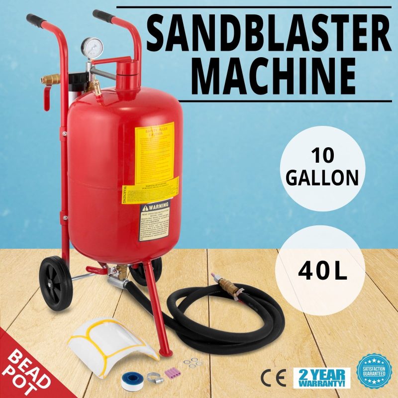 BENTISM 10 Gallon/40L Sandblaster Equipped with Nozzle Shut-Off Valve Pressure Gauge Ceramic Nozzle 2.5m Hose Filling Funnel Watertrap 6" Rubber Wheels Grit Blasting Blast Sandblasting - Image 2