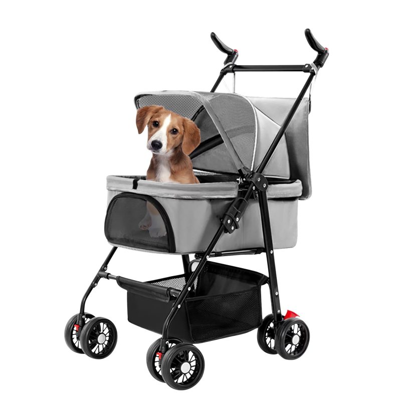 iMounTEK Pet Stroller with 4 Wheels, Outdoor Foldable Dog Cage Stroller with Removable Liner Storage Basket for Dog Cat, Gray - Image 13