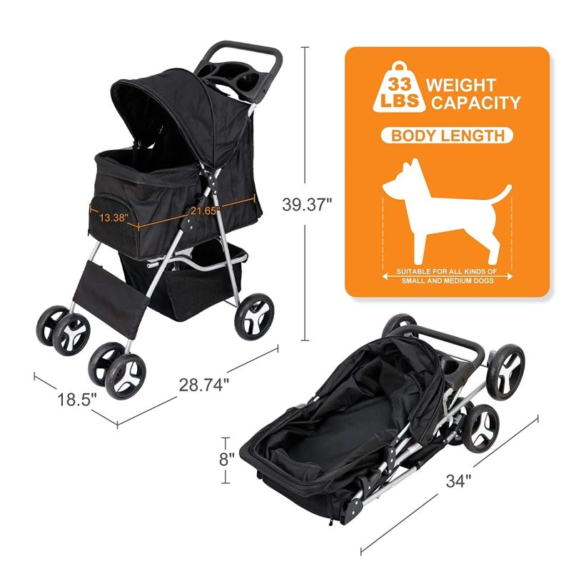 Pet Stroller 4 Wheels Dog Cat Stroller for Small Medium Dogs Cats Foldable Puppy Stroller with Storage Basket and Cup Holder - Image 5