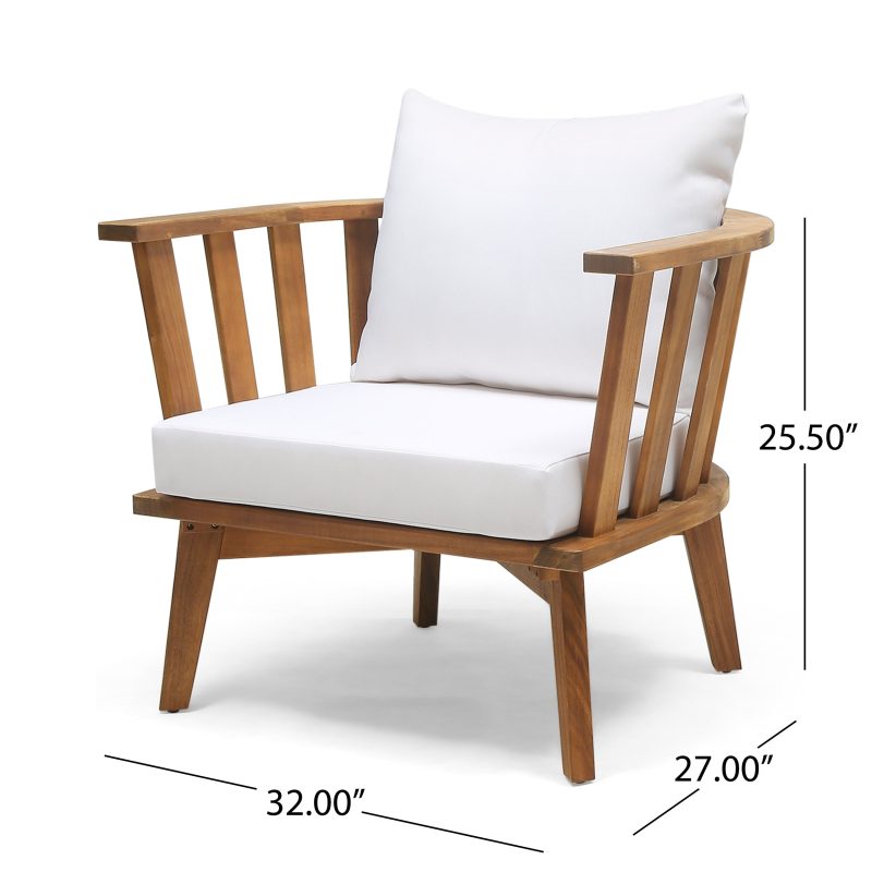 Dean Outdoor Wooden Club Chair with Cushions, White and Teak Finish - Image 7