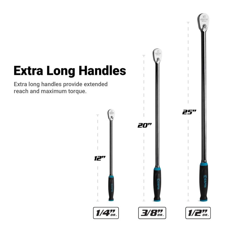 Capri Tools Fine 90-Tooth Extra Long Ratchet Set, Ergonomic Soft Grip, 1/4, 3/8, 1/2 in. Drive, 3-Piece - Image 2