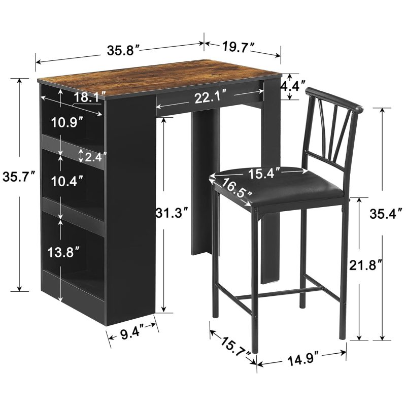 VECELO Small Bar Table and Chairs Tall Kitchen Breakfast Nook with Stools/Dining Set for 2, Storage Shelves, Space-Saving, Retro - Image 6