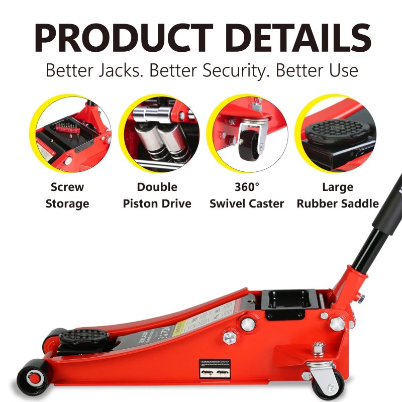 Low Profile Floor Jack, Seizeen 3 Ton(6600 lbs) Trolley Jack Dual Lift Pump, Quick Lift 3-3/10" - 18-4/20", Heavy-Duty Steel Jack with 45''L Extended Handle, Car Jack w/Wheels, Rubber Saddle, Red - Image 8