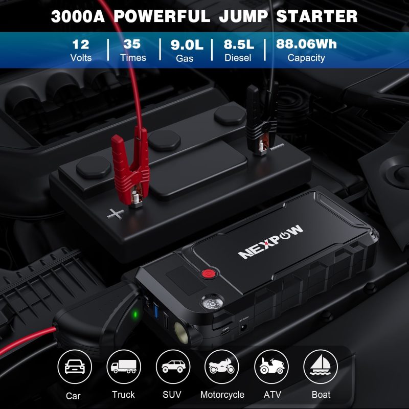 NEXPOW Battery Jump Starter - 3000A Peak 23800mAH Car Jump Starter (up to 9.0L Gas or 8.5L Diesel Engine) - 12V Portable Battery Booster with LCD Display - Image 4