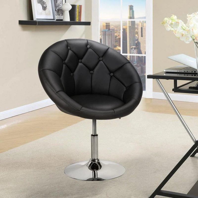 HOMEZY Round Tufted Back Chair Contemporary Height Adjustable, 360° Swivel, Accent Vanity Chair for Living Room, Modern Look, Black - Image 2