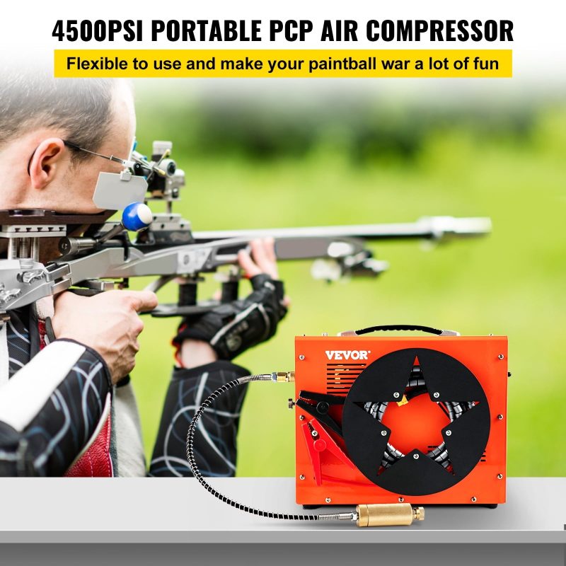 VEVORbrand PCP Air Compressor,4500PSI Portable PCP Compressor,12V DC 110V/220V AC PCP Airgun Compressor Auto-stop,with Built-in Adapter,Fan Cooling,Wire Spool Suitable for Paintball,Scuba,Air Rifle - Image 2