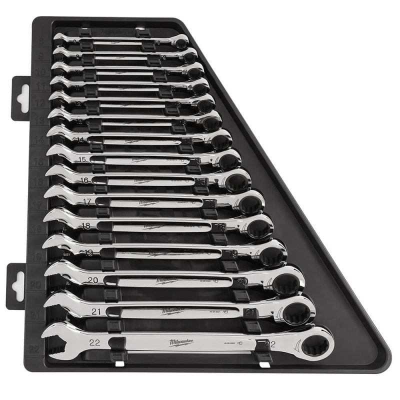 Milwaukee 48-22-9516 - 15-Piece Metric 12-Point Straight Head Ratcheting Combination Wrench Set with Storage Tray