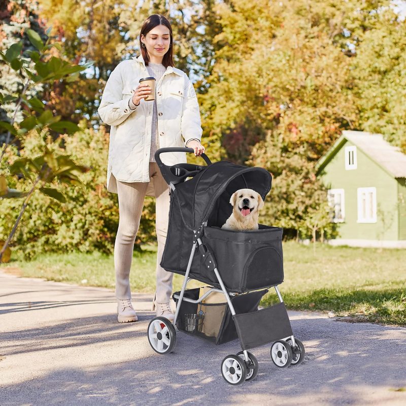 Pet Stroller 4 Wheels Dog Cat Stroller for Small Medium Dogs Cats Foldable Puppy Stroller with Storage Basket and Cup Holder - Image 8