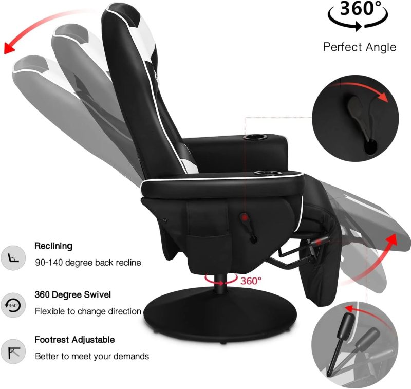 King Throne Ergonomic Gaming Chair, High Back Video Racing Chair, Swivel Recliner Chair with Footrest, Adjustable Backrest, Headrest, Lumbar Support, Cupholders, Black White - Image 4