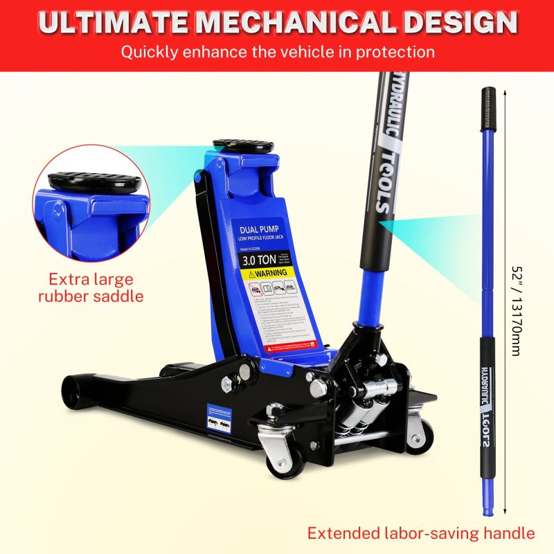 Seizeen Low Profile Floor Jack, 3 Ton(6600 lbs) Trolley Jack Dual Lift Pump, Quick Lift 3.3''-19.7'', Heavy-Duty Steel Jack with 52''L Extended Handle, Car Jack w/Wheels, Rubber Saddle - Image 7