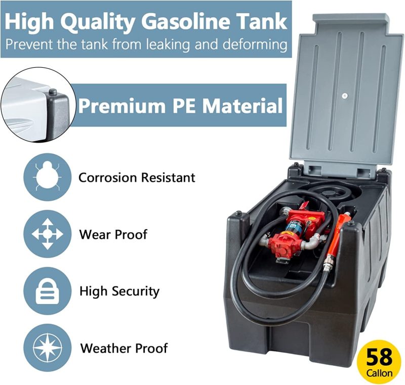 TECSPACE 58 Gallon Gasoline Tank, Portable Fuel Tank with 12V Electric Fuel Transfer Pump, 40 GPM Gasoline Fuel Tank with 4 Meters Hose for Gasoline Transportation (Black, 58 gal) - Image 5